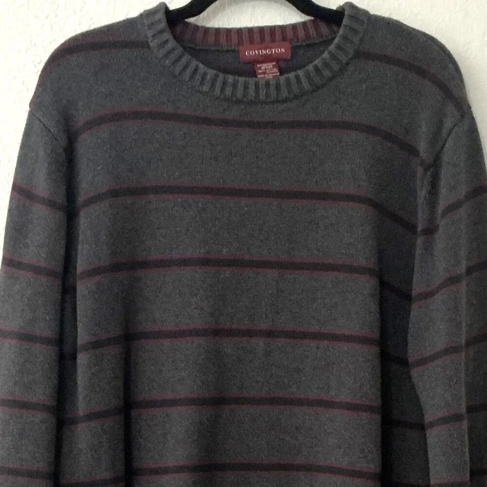 Vintage Covington Men's Grey Striped Crewneck Sweater Knit Pullover Size Large